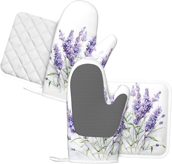 Oven Mitts and Pot Holders Lavender Watercolor Flower Floral Silicone Kitchen - Image 2