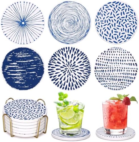 Absorbent Coasters Set of 6 Round Ceramic Coasters with Holder