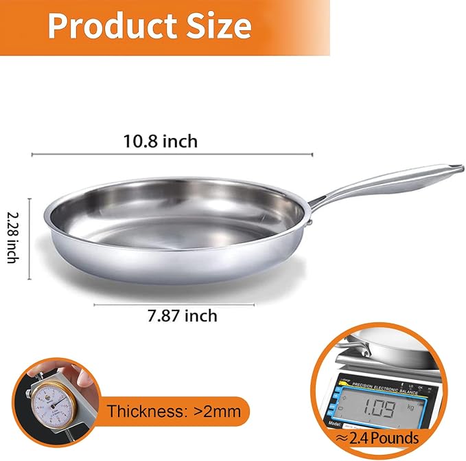 DELARLO Full Clad Tri-Ply Stainless Steel Frying Pan 10 inch, All Stove - Image 5