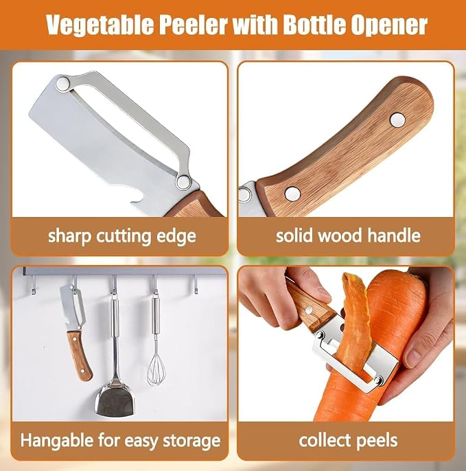 Premium Vegetable Peeler with Wooden Handle and Bottle Opener: 2-in-1 Stainless - Image 2