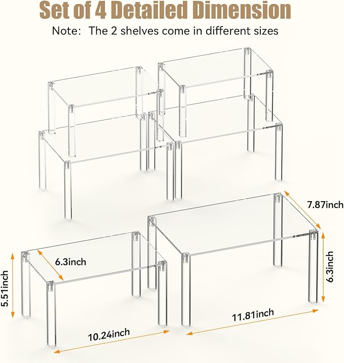 YUNEASELF Clear Cabinet Organizer: Acrylic Shelf Riser Set of 4 - Image 3
