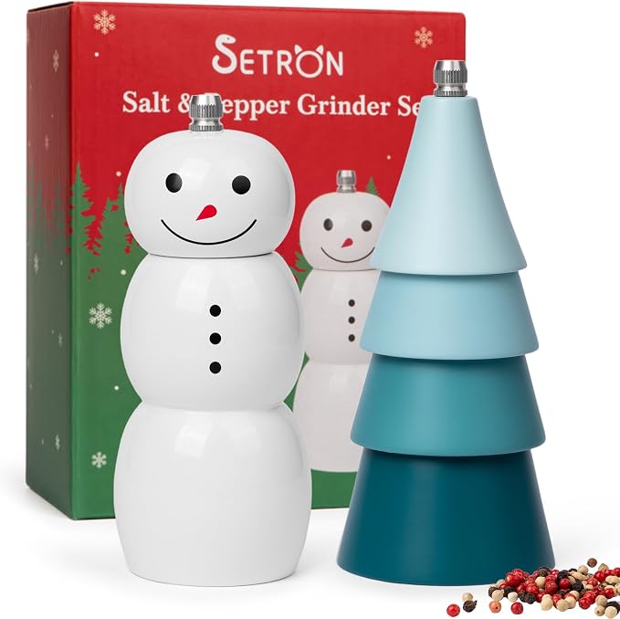 Christmas Salt and Pepper Grinder Set, Snowman & Tree Refillable Salt and by Setron
