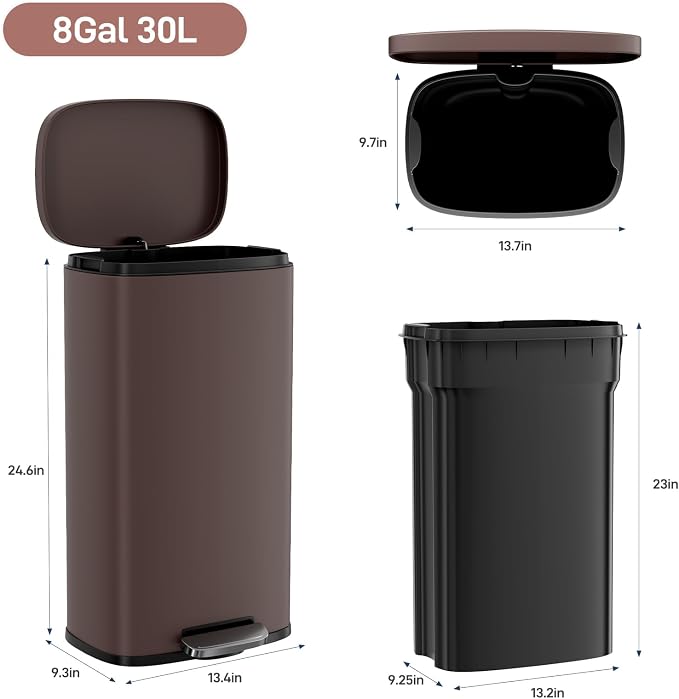 Arlopu 8 Gallon Step Trash Can, Stainless Steel Garbage Bin, Soft-Close Rubbish - Image 2