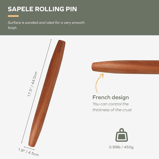 Muso Wood Sapele Wooden French Rolling Pin - Image 2