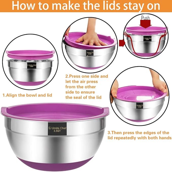 Umite Chef Mixing Bowls with Airtight Lids, 6 Piece Stainless Steel Metal Bowls - Image 7