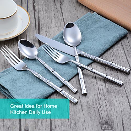 Silverware Set Silver Bamboo Handle Flatware Stainless Steel Heavy