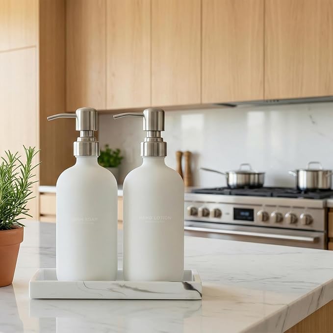 White Glass Soap Dispenser Set for Kitchen, Hand and Dish Soap Dispenser - Image 6