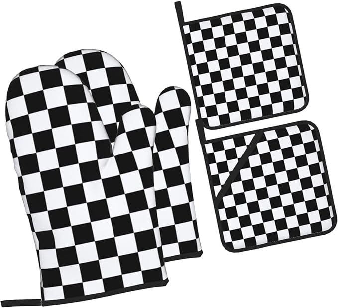 Checkered Black and White Plaid Oven Mitts and Pot Holders Set of 4, Heat by Unknown
