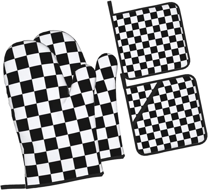 Checkered Black and White Plaid Oven Mitts and Pot Holders Set of 4, Heat - Image 9