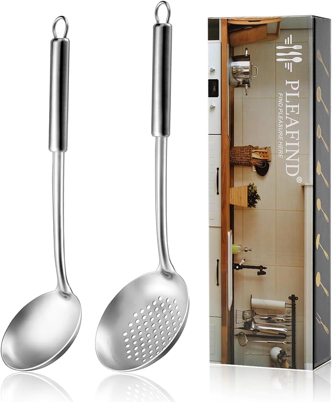 Pleafind 2-Pcs Ladle and Slotted Spoon, Soup Ladle and Strainer Spoons by Pleafind