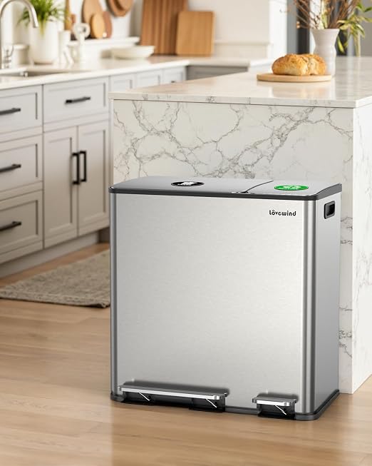Dual Trash and Recycling Bins for Kitchen, 13.2 + 5.2 Gal Stainless Steel Trash - Image 9