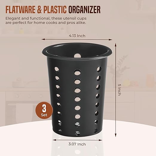 OCS Parts Perforated Utensil Drying Cups | Black | Set of 3 | Plastic Flatware - Image 2