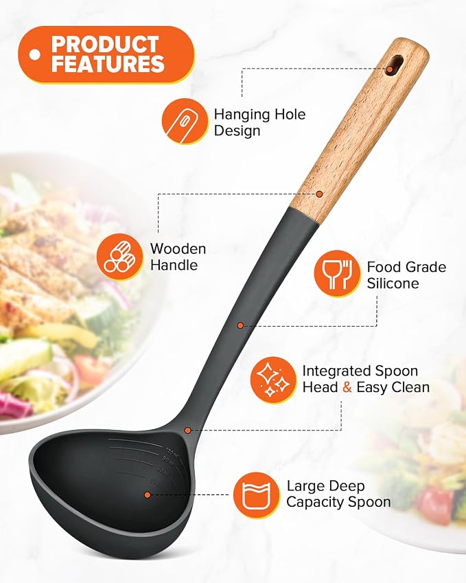 Pasta Fork and Ladle Set, and Sauce Pasta, BPA-Free Matte Silicone, Wood Handle - Image 4