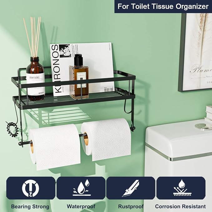 ESOW Paper Towel Holder with Shelf Storage, Adhesive Wall Mount 2-in-1 Basket - Image 4