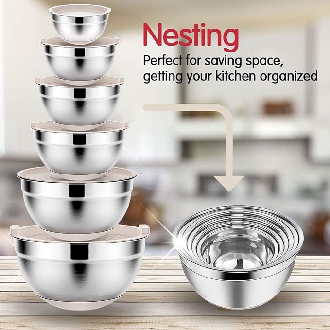 Rottay Mixing Bowls Set with Airtight Lids: 20PCS Stainless Steel Nesting Bowls - Image 5