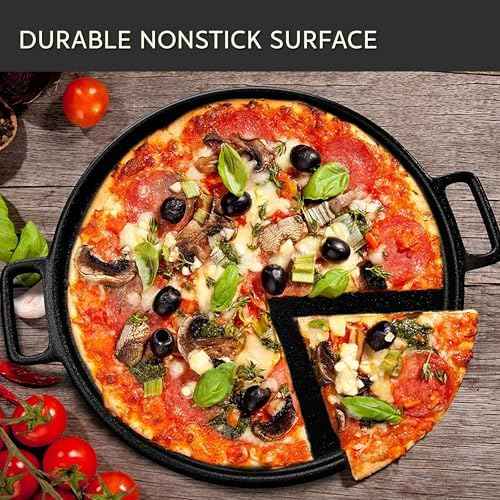 Home-Complete Cast Iron Pizza Pan with Dual Handles, 14 inch