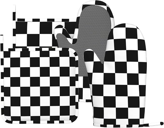 Black White Check Plaid Oven Mitts and Pot Holders Sets Silicone Black and by MIFSOIAVV