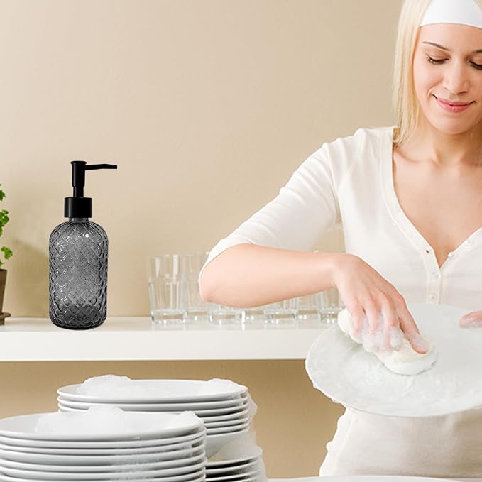 Grey Glass Soap Dispenser with Black Plastic Pump, 13.5oz Refillable Liquid - Image 6