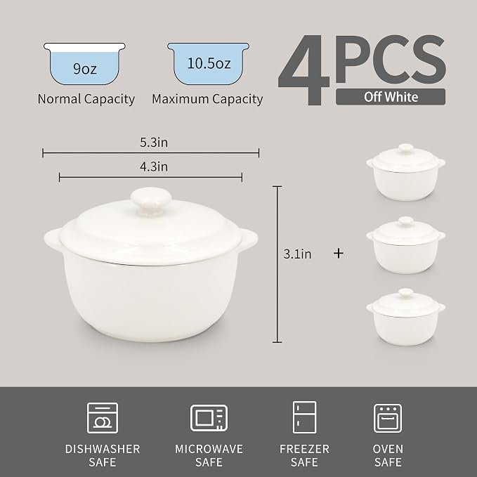 4-Pack Ceramic Mini Cocotte Set, 10 Oz Stoneware Casserole Dishes - Image 3