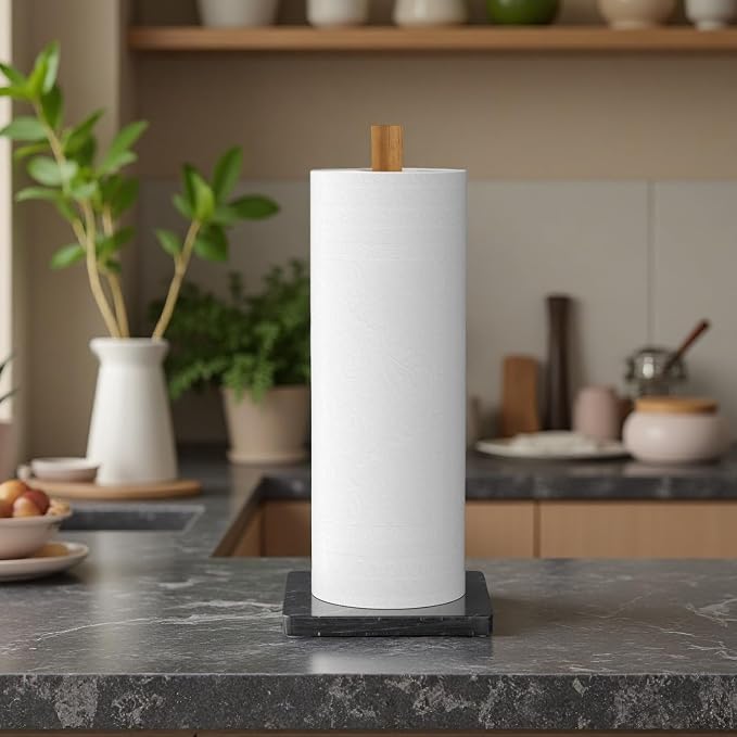 Buruis Wood Paper Towel Holder, Marble Base Modern Decorative Countertop - Image 6