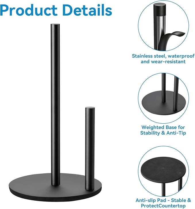 Paper Towel Holder Kitchen, Premium Stainless Steel Roll Dispenser, Countertop - Image 2