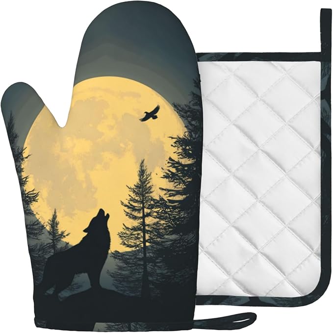 Black Wolf Howling at The Moon Oven Mitt and Pot Holder - Image 2