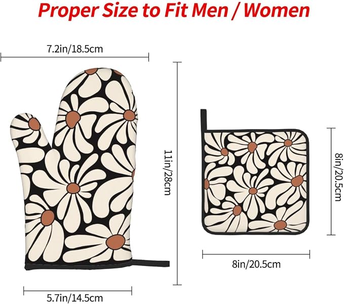 Boho Floral Pot Holders and Oven Mitts Set, Cute Black and Beige Kitchen Mitts - Image 4