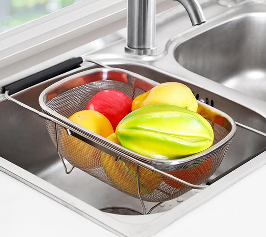 Expandable Over Sink Colander, Stainless Steel Mesh Strainer Basket