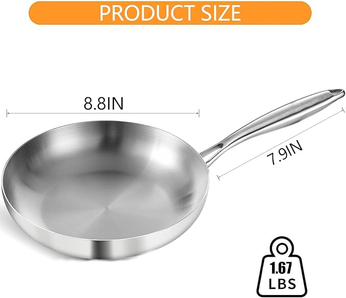 DELARLO Whole body Tri-Ply Stainless Steel 8inch Small Frying Pan, Chef's Pans - Image 3