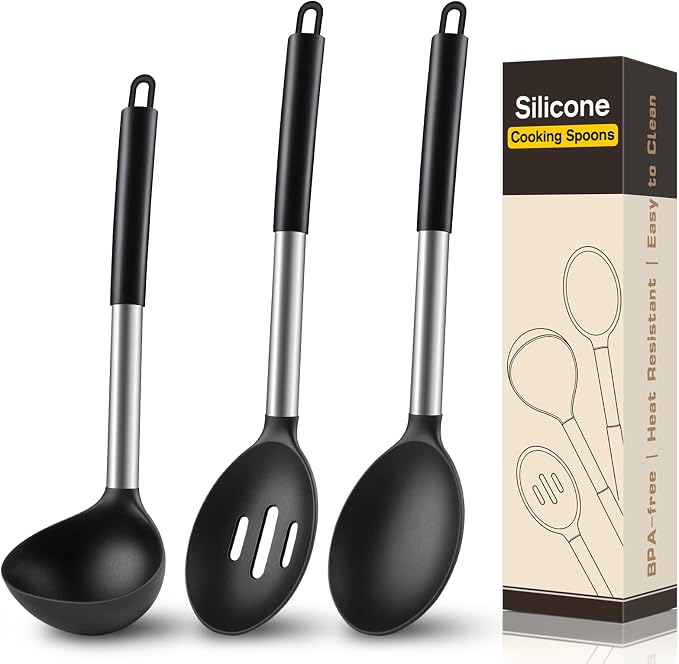 3 Pcs Silicone Cooking Spoon Set, Kitchen Utensils Include Solid & Slotted Spoon by Unknown