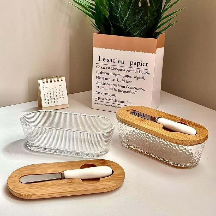 Glass Butter Dish With Lid For Countertop, Ribbed Glass Butter Dish