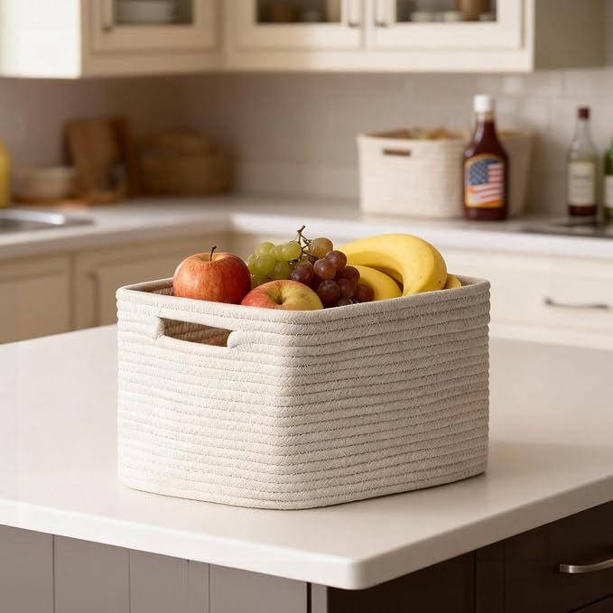 5 Pack White Woven Storage Baskets - Image 8