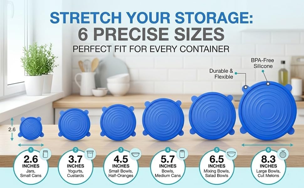 Silicone Stretch Lids, 6 Pcs, Blue