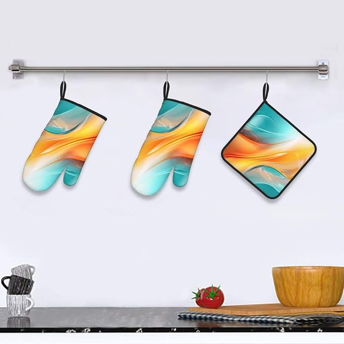 Turquoise Orange Abstract Art Oven Mitts & Pot Holders Sets of 3, Heat - Image 5