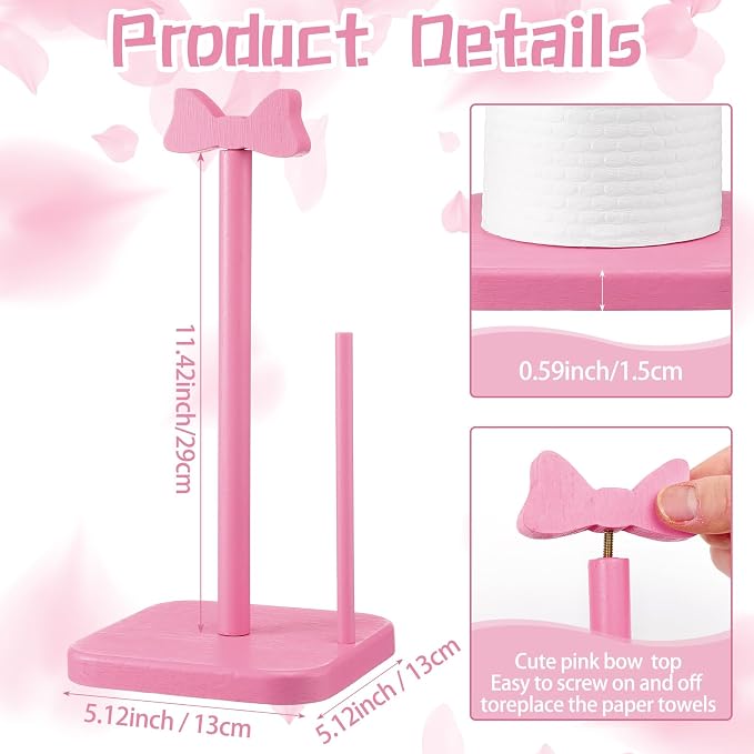 Leinuosen Pink Bow Paper Towel Holder Coquettish Cute Bow Wooden Paper Towel - Image 2