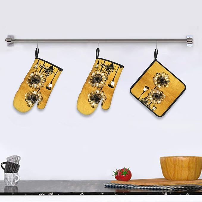 Sunflower Oven Mitts and Pot Holders Sets, Heat Resistant Gold Kitchen Oven - Image 6
