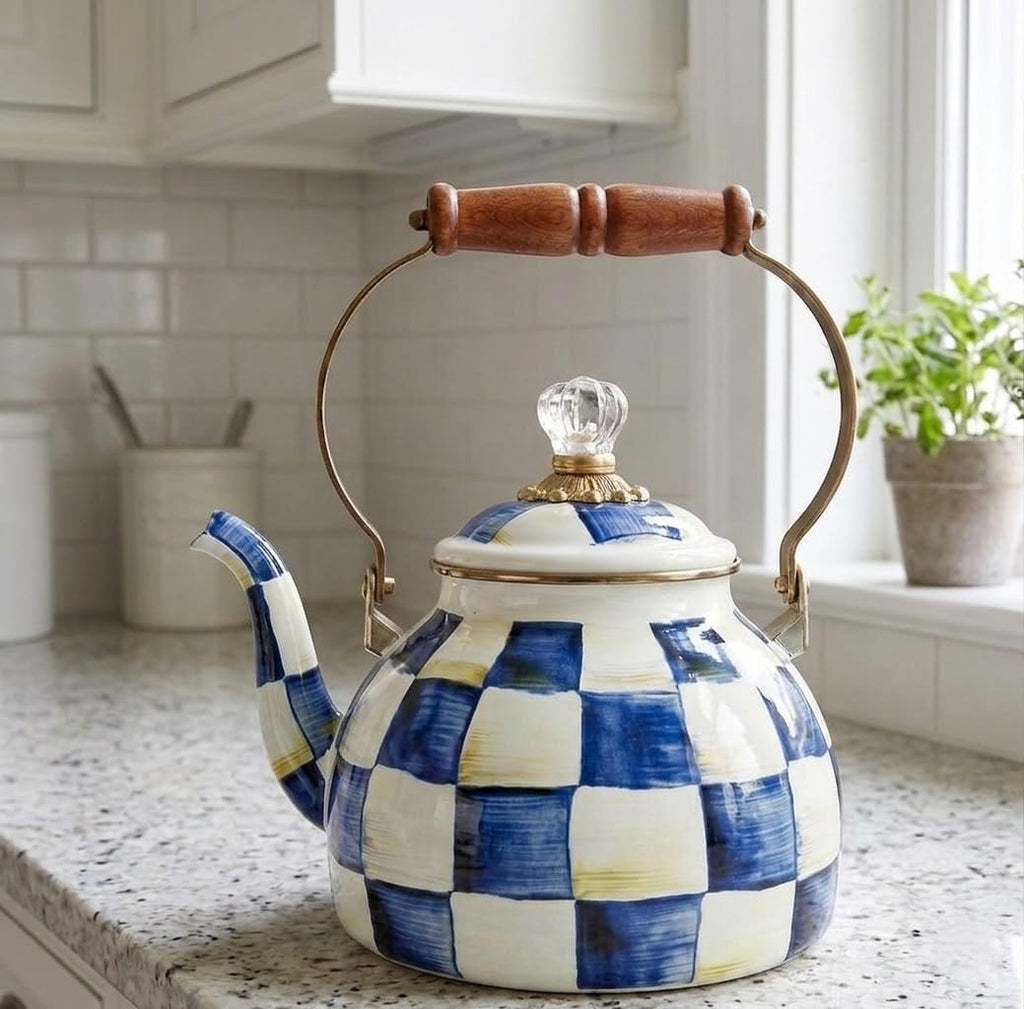 Checkered Tea Kettle for Checkered Kitchen Decor - Blue and White Tea