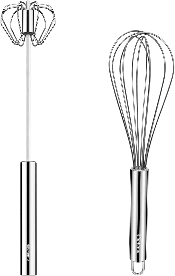 NileHome Stainless Steel Whisk 8" Hand Blender + 10" Semi-Automatic Rotary by NileHome