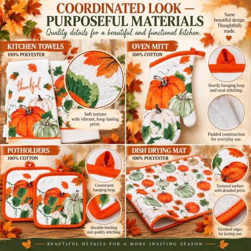 6-Piece Harvest Pumpkin Kitchen Linen Set, Orange & Sage Fall Autumn