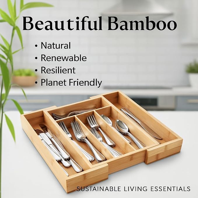 HIC Kitchen Expandable 6-Slot Silverware Cutlery Utensil Storage Tray, Natural - Image 5