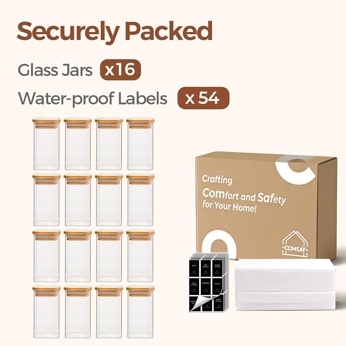 ComSaf 16Pcs Spice Jars with Labels, Glass Jar witj Bamboo Lid, 10oz Airtight - Image 8