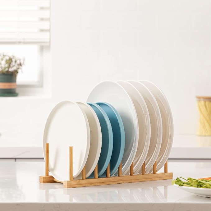 HBlife Bamboo Dish Plate Bowl Cup Book Pot Lid Cutting Board Drying Rack Stand - Image 4