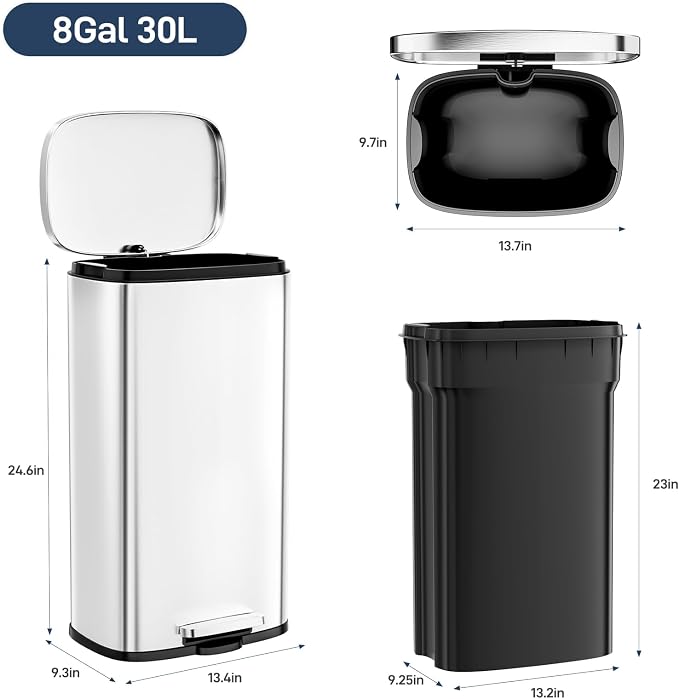 Arlopu 8 Gallon Step Trash Can, Stainless Steel Garbage Bin, Soft-Close Rubbish - Image 2