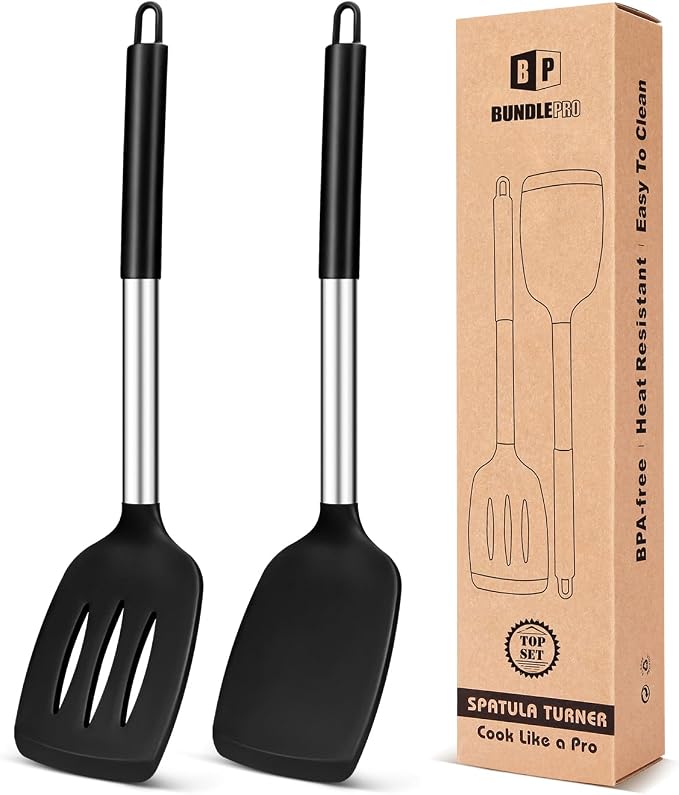 Pack of 2 Silicone Solid Turner, Non Stick Slotted Kitchen Spatulas, High Heat by BUNDLEPRO