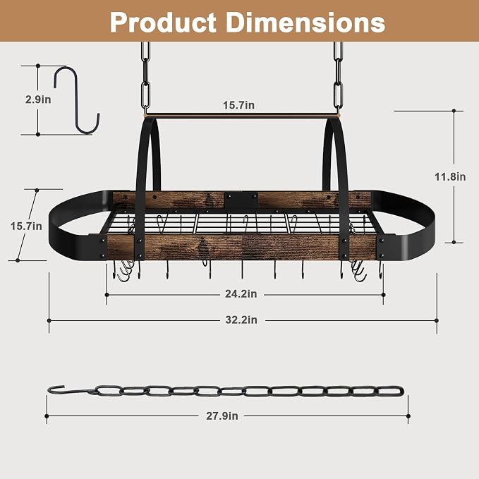 Hanging Pot Rack, 32-Inch Ceiling Pot Rack - Image 2