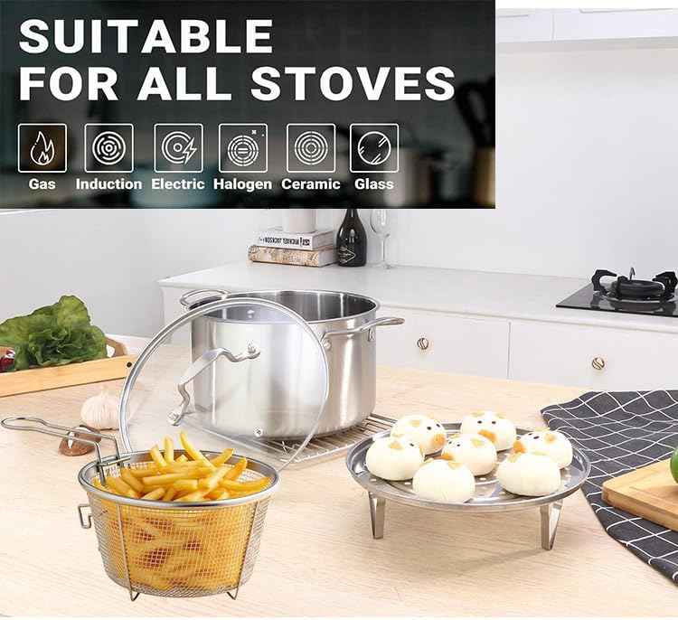 6L/6.4QT Deep Fryer Pot with Basket and Steamer Rack, Stainless Steel Stock Pot Cooking Pot for Pasta, Soup,Spaghetti, Chicken, Deep Cookware for Frying, Canning, Boiling, Simmering