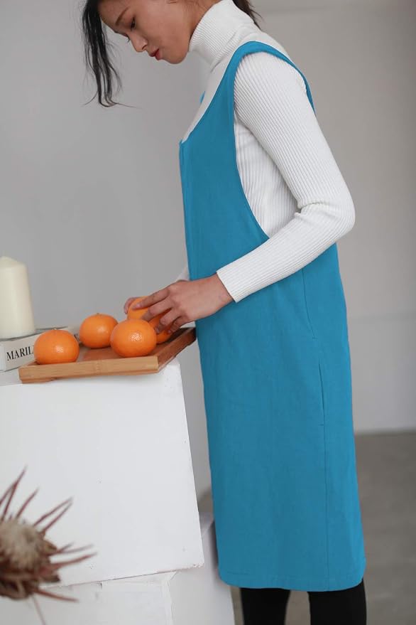 Cotton Linen Japanese Apron Halter Cross Back Bandage X Shape Aprons Two Pockets - Image 7