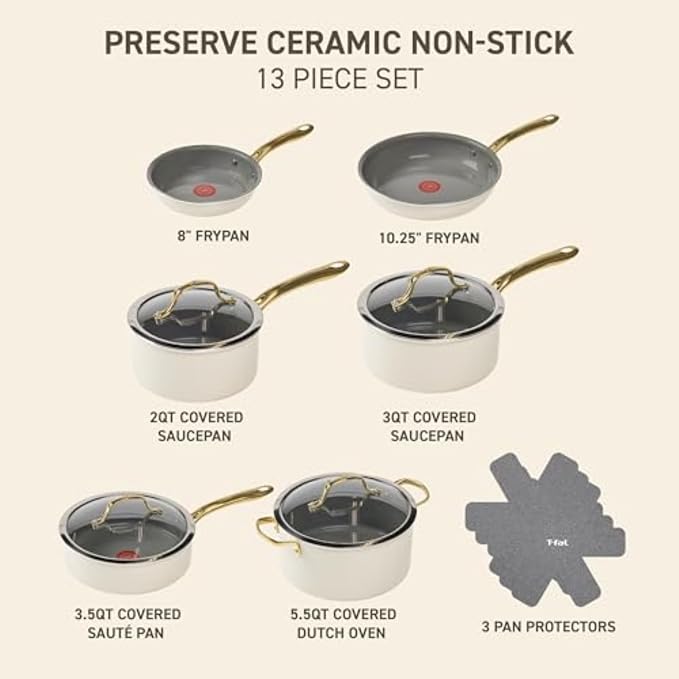 T-fal Preserve Ceramic, Non stick Cookware Set 13-Piece, Oven & Broiler Safe up - Image 2