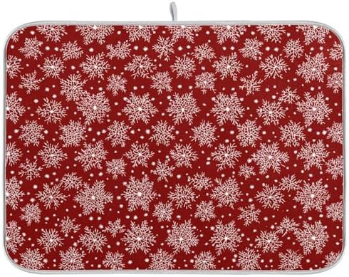OTVEE Snowflakes’ Red Canvas Dish Drying Mat for Kitchen Counter