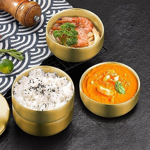 4Pcs Stainless Steel Rice Bowl with Lid 4.7In, 13 oz Double-Walled Insulated Metal Snack Bowls, Small Metal Serving Bowls, Appetizer Bowls Gold for Sauces, Noodles, Ice Cream, Oat, Cereal (4)